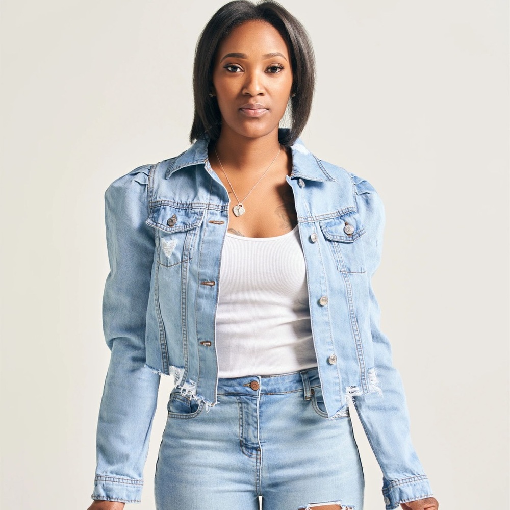 Distressed Puff Shoulder Denim Jacket